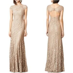 Monique Lhuillier Womens Trumpet Gown Beige Cap Sleeve Lace Cutout Back Lined 2